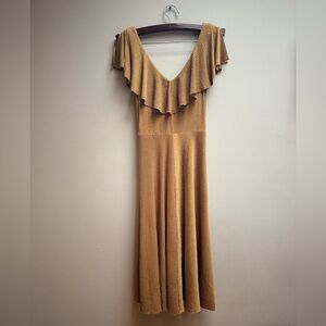 June & Hudson Women’s Midi Dress Sparkly Shiny Gold Honey Camel Brown Size M Y2K